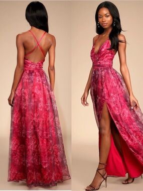 NWT Lulu’s Romance That Wows Magenta Floral Print Organza Maxi Dress Large Chic